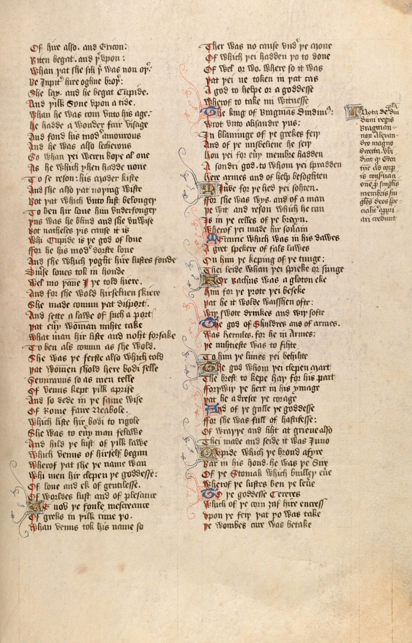 F98r od paní New Coll 266, De confio amantis od Johna Gowera (pero a inkoust na pergamenu) od English School