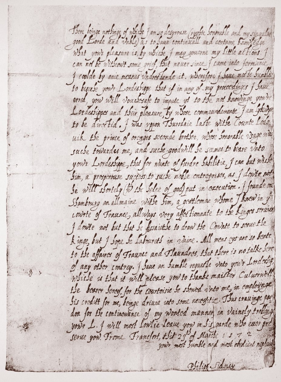 Faksimile rukopisu Philipa Sidneyse ve věku 18 let, 23. března 1572 od English School
