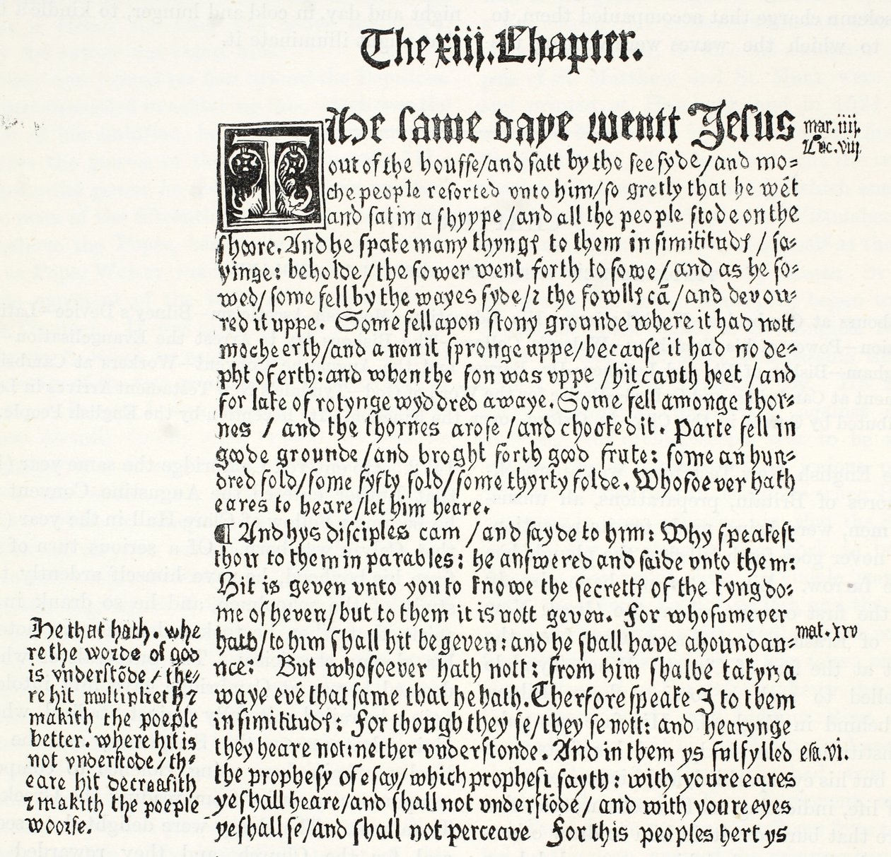 Faksimile evangelia svatého Matouše, kapitola XIII, verše 1-15, z Tyndales Testament, ilustrace z Historie protestantismu od Jamese Aitkena Wylie (1808-1890), pub. 1878 od English School