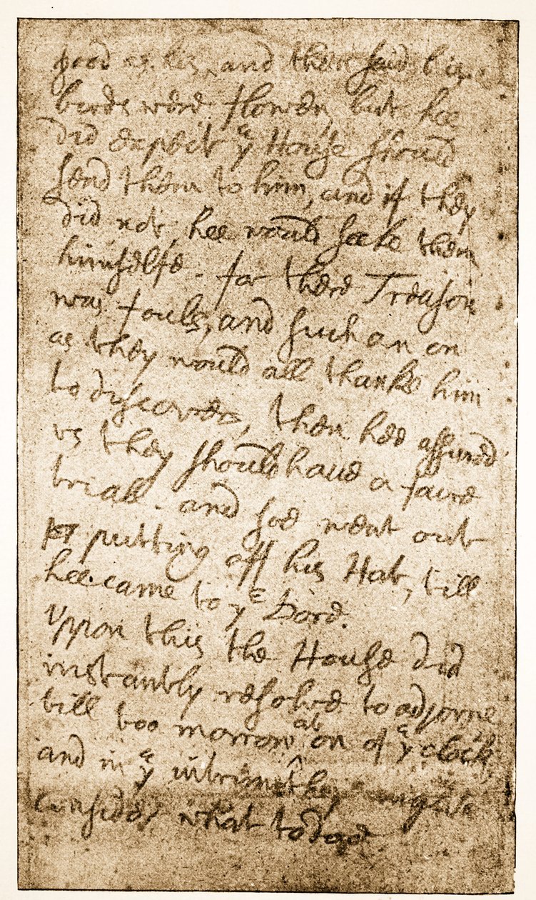 Faksimile stránky poznámek sira Ralpha Verneyse o Dlouhém parlamentu z Memoirs of the Verney Family (sépiová fotografie) od English School