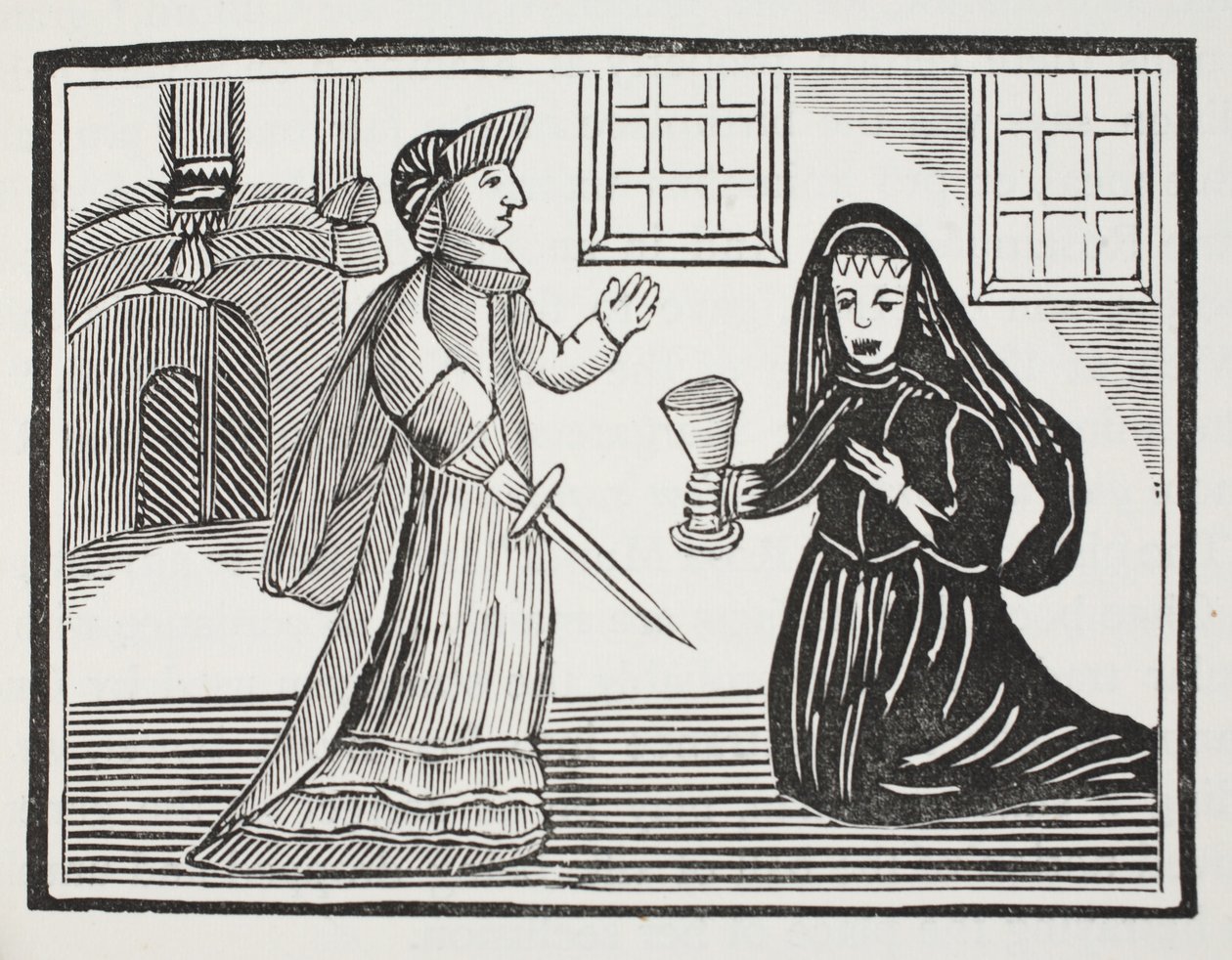 Fair Rosamond je otrávena královnou Eleanor, ilustrace z Chap-books of the Eighteenth Century od Johna Ashtona, hospoda. 1882 od English School