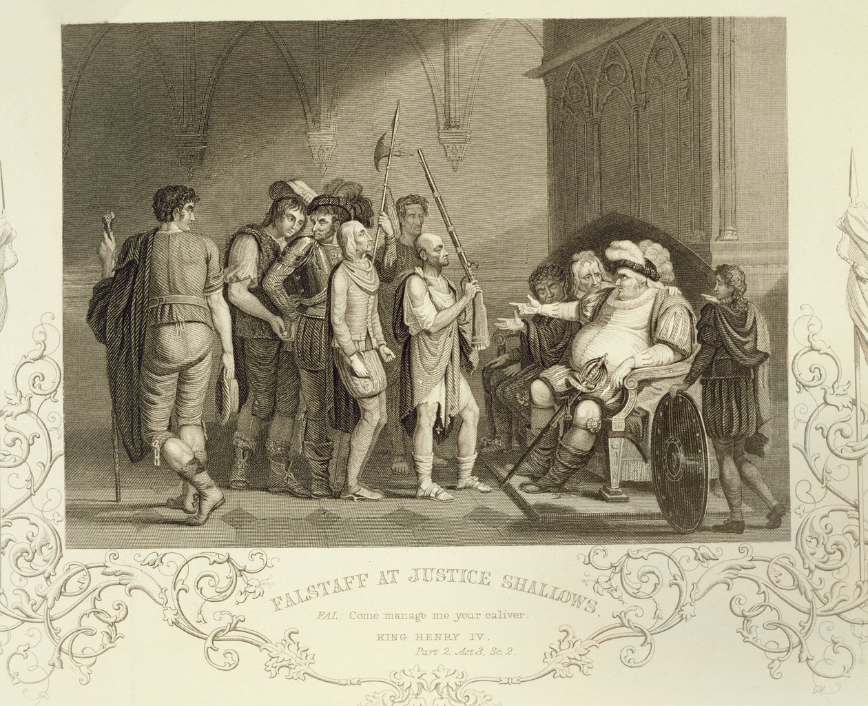 Falstaff v Justice Shallows, v Henry IV (část 2) dějství III, scéna 2, William Shakespeare (1564-1616) od English School
