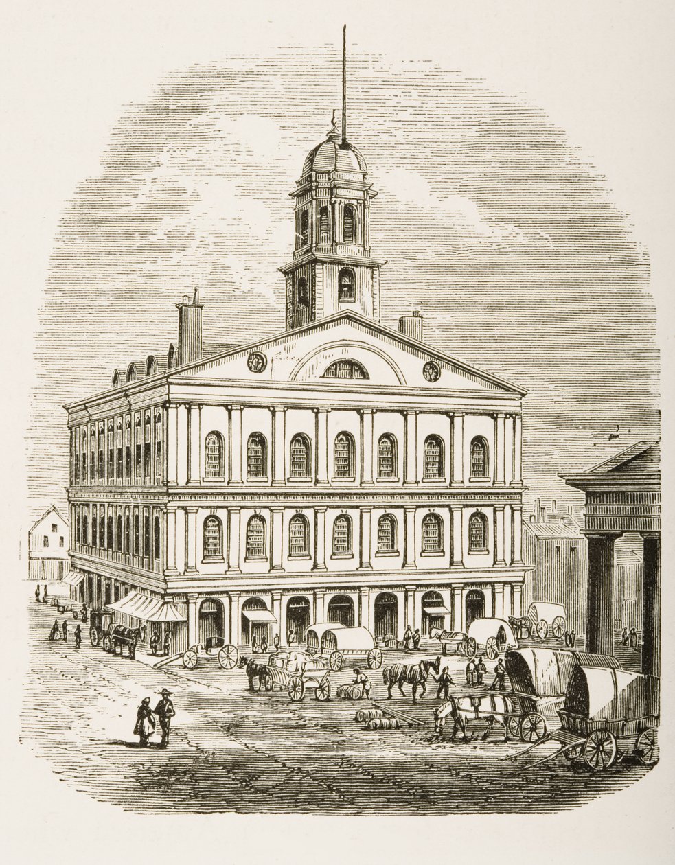 Faneuil Hall, Boston, kolem roku 1870, z „American Pictures“ vydané společností Religious Tract Society, 1876 od English School
