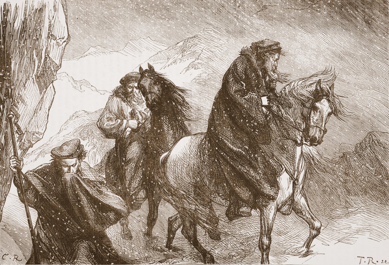 Farel a jeho společníci na cestě přes Alpy, ilustrace z Historie protestantismu od Jamese Aitkena Wylie (1808-1890), hospoda. 1878 od English School