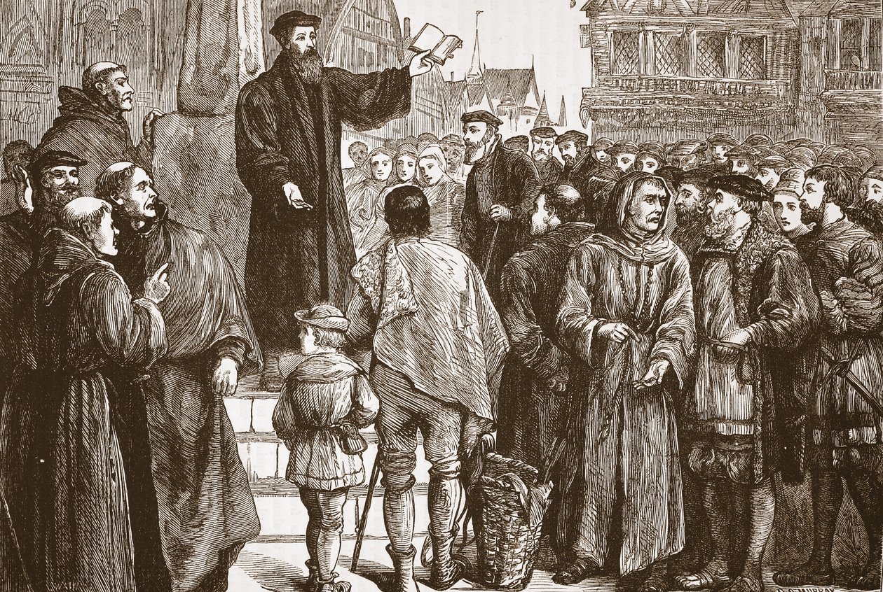 Farel kázání na trhu v Neuchatel, ilustrace z Historie protestantismu od Jamese Aitkena Wylie (1808-1890), hospoda. 1878 od English School