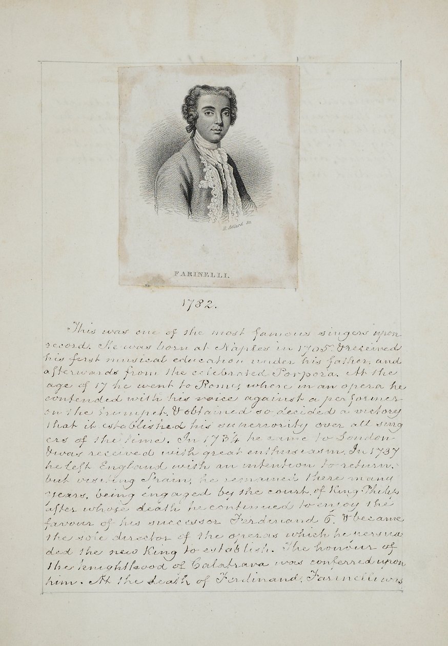 Farinelli, vyryl Henry Adlard (fl.1828-69), kolem roku 1830 (rytina a pero a inkoust na papíře) od English School