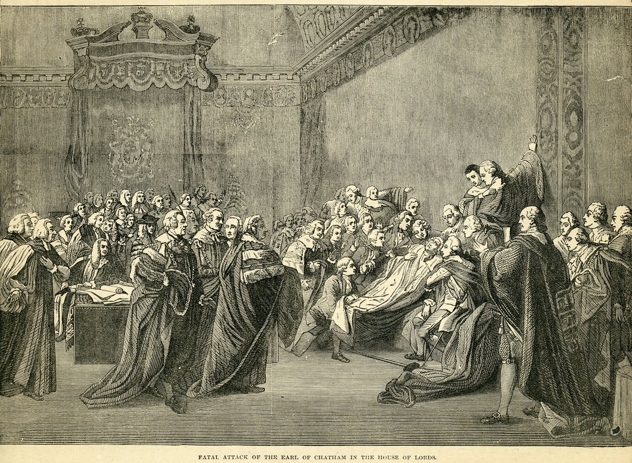 Fatální zabavení hraběte z Chathamu ve Sněmovně lordů, 1778 od English School