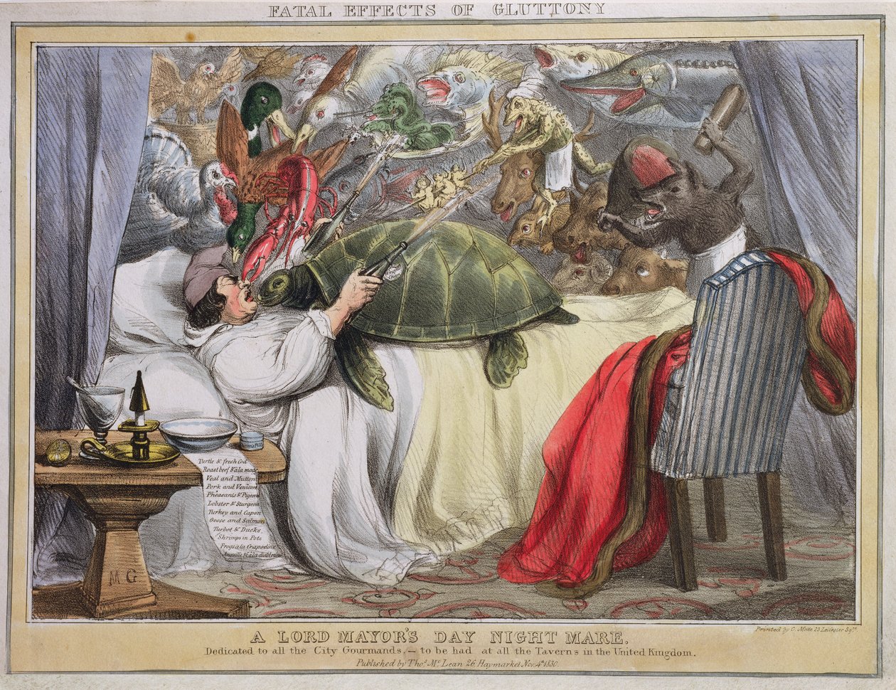 Fatal effects of obžerství, noční klisna Lord Mayors Day, publikoval Thomas McLean (1788-1875) 1830 od English School