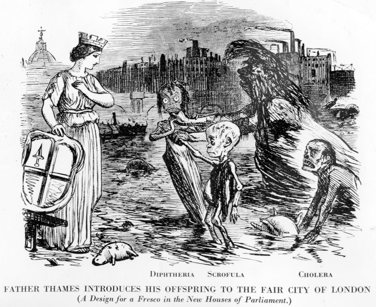 Otec Thames uvádí své potomky do Fair City v Londýně, potomky jsou záškrt, Scrofula a Cholera. Spíš otevřená stoka než řeka, ohavný stav Temže v Londýně. od English School