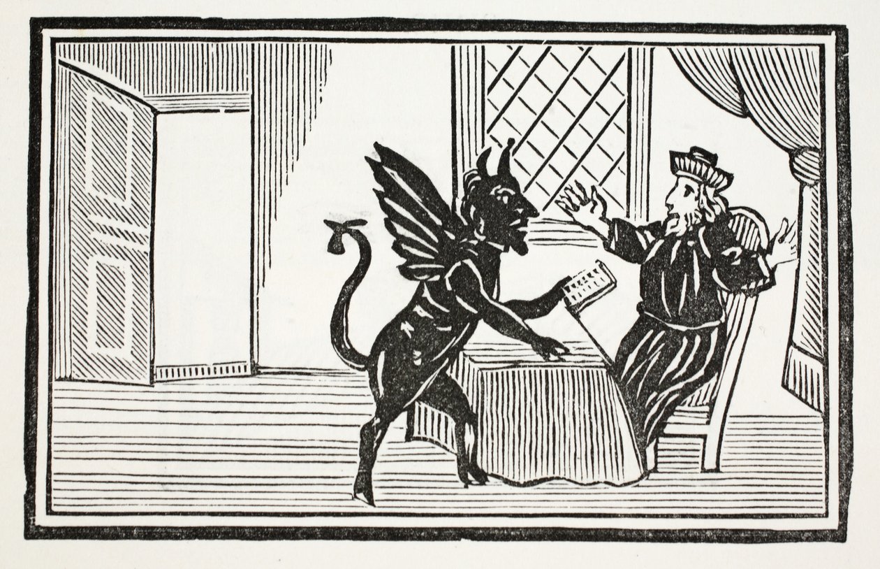 Faust varoval Duchem, aby očekával svůj konec, ilustrace z Kapitálových knih osmnáctého století od Johna Ashtona, hospoda. 1882 od English School