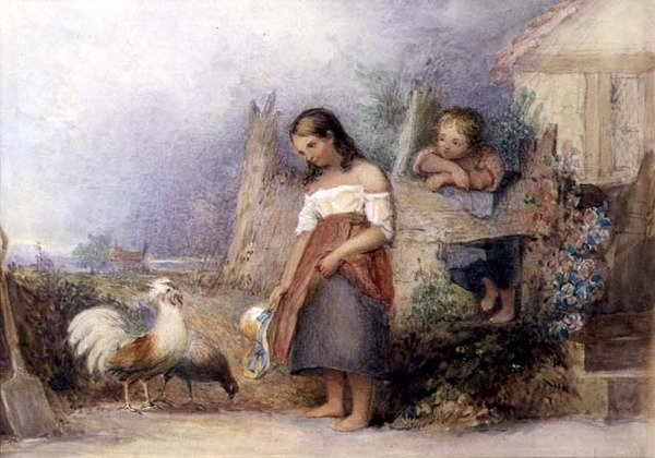 Krmení kuřat (akvarel na papíře) od English School
