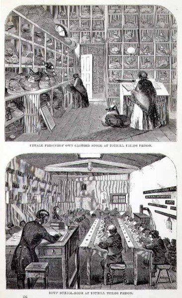 Vlastní obchod s oblečením pro vězeňkyně a chlapecká učebna ve věznici Tothill Fields z filmu „The Criminal Prisons of London and Scenes of Prison Life“ od Henryho Mayhewa (1812-87) a Johna Binnyho od English School