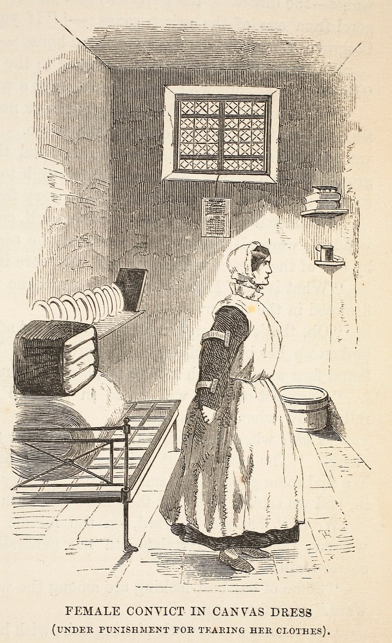 Odsouzenkyně v plátěných šatech (pod trestem za roztržení šatů), ilustrace z knihy The Criminal Prisons of London and Scenes from Prison Life od Henryho Mayhewa a Johna Binnyho, vyd. 1862 (engra od English School