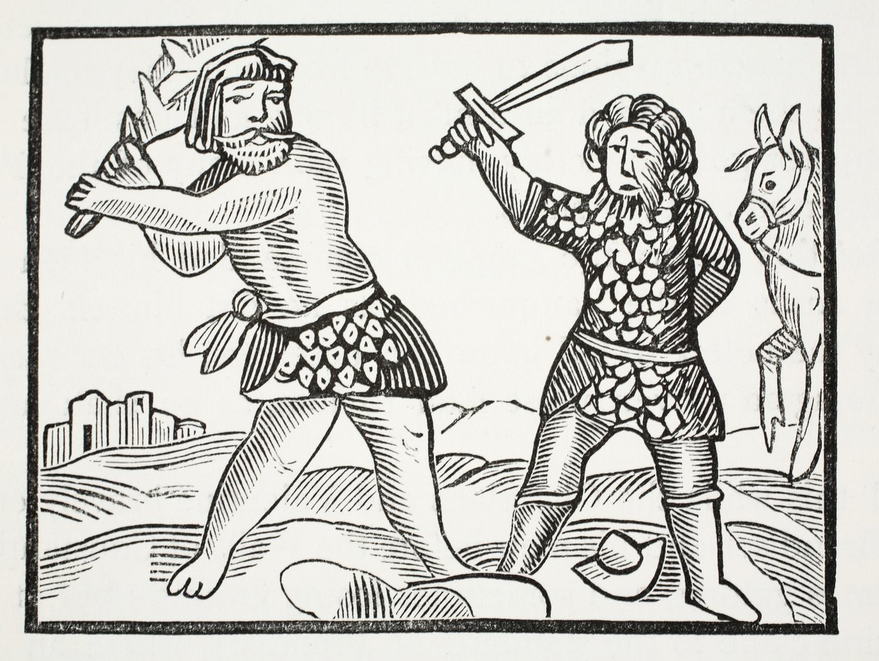 Ferragus pozvedá mocnou armádu a obléhá město Acquitain, ilustrace z Chap-books of the Eighteenth Century od Johna Ashtona, hospoda. 1882 od English School