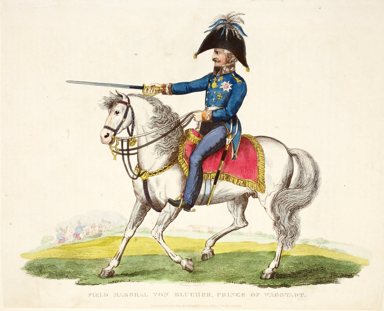 Polní maršál von Blucher, kníže z Wagstadtu, hospoda. od Richarda Evanse, engr Romney, ilustrace z Historický popis bitvy u Waterloo od Williama Mudforda, 1816 od English School
