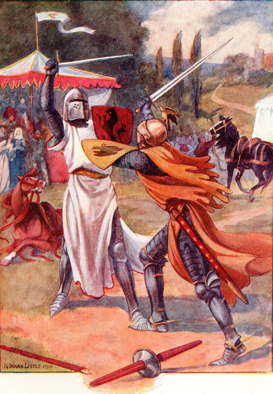 Bojovní rytíři v brnění. Barevná ilustrace z knihy The Gateway to Tennyson vydané v roce 1910. od English School