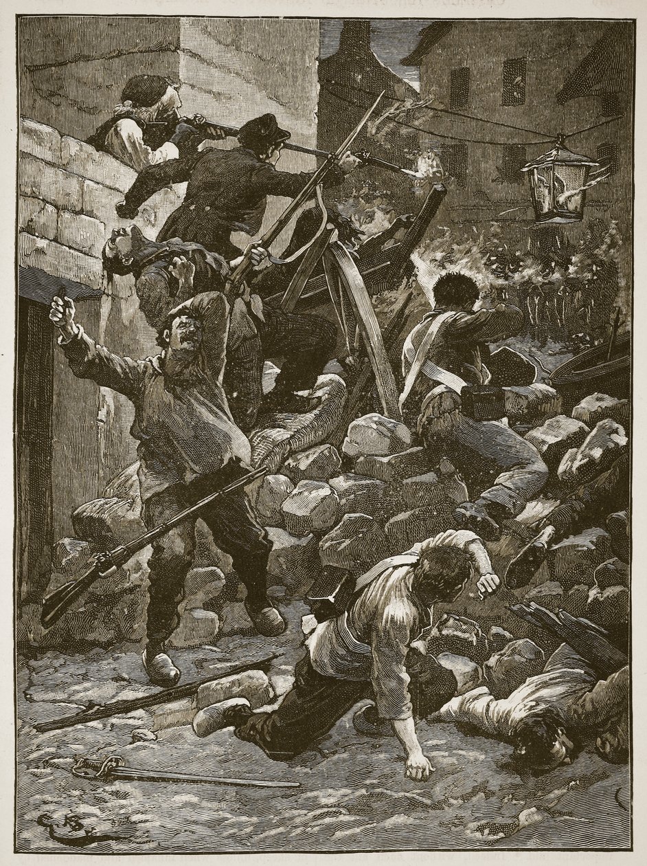 Boje na barikádách v Paříži, ilustrace z Cassells Illustrated History of England (sépiová fotografie) od English School