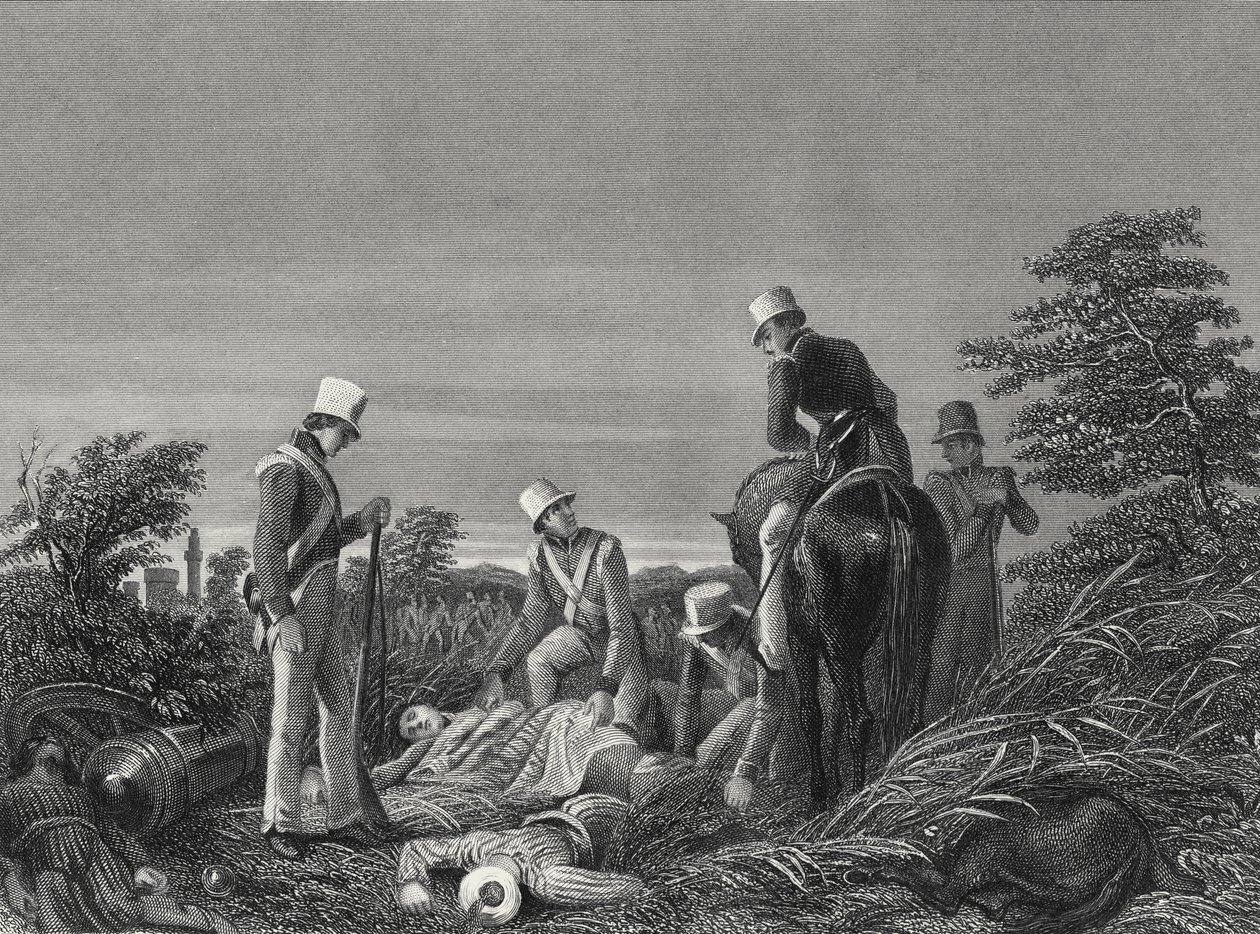 Hledání barev 24. pluku po bitvě u Chillianwallah, kolem roku 1850 (rytina) od English School