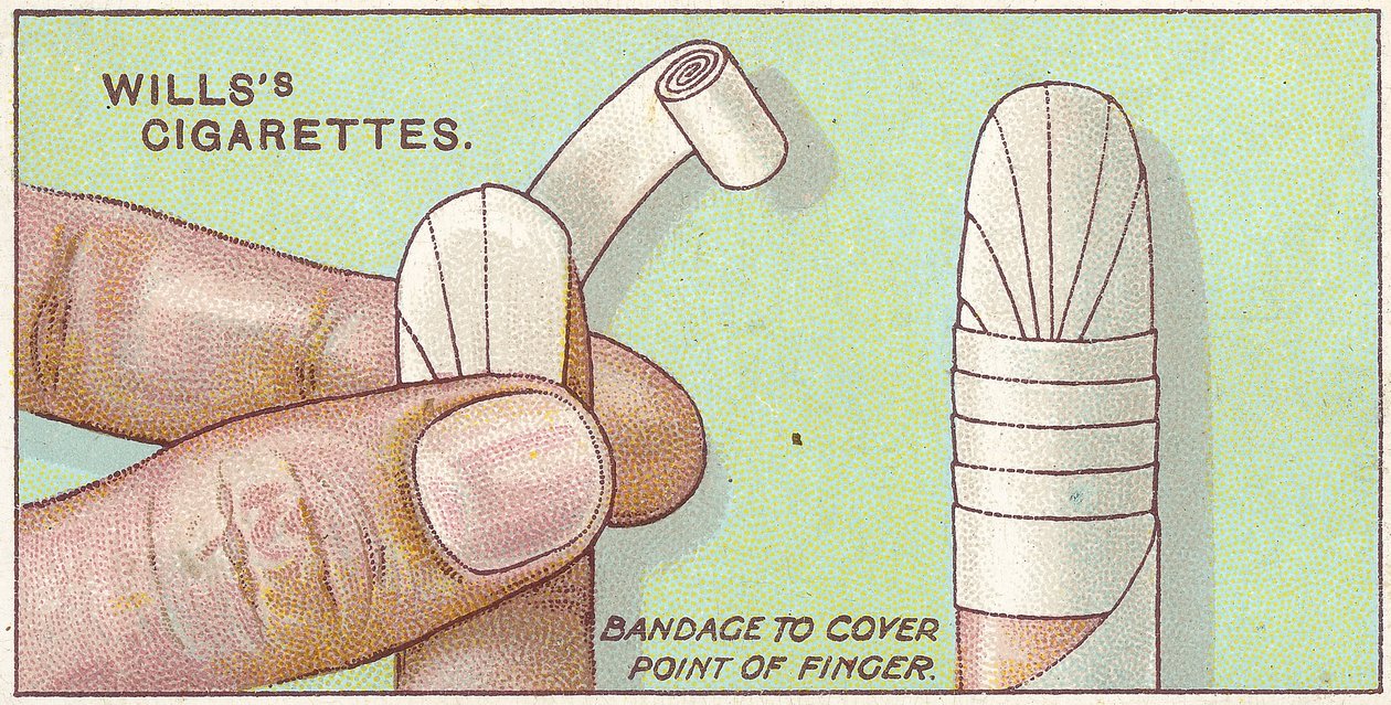 Finger Bandage, č. 50 ze série karet Willss Cigarettes First Aid, 1913 od English School