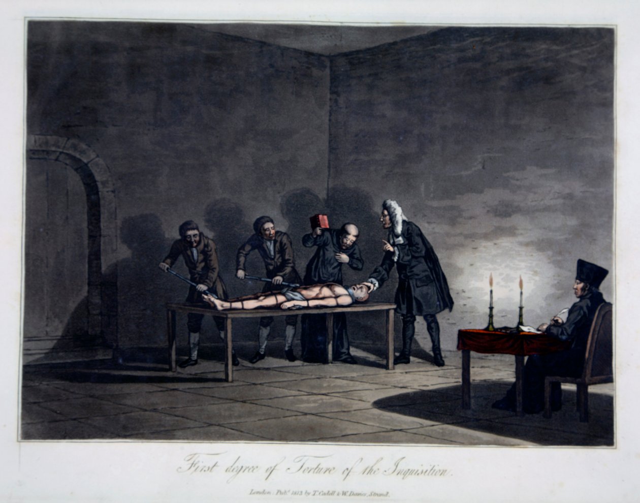 První stupeň mučení inkvizice, vyryl L.C. Stadler, hospoda. Cadell & Davies, Londýn, kolem roku 1813 (barevná rytina) od English School