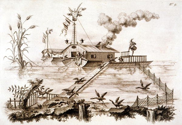 Rybaření s kormorány pomocí vodního člunu a oplocené ohrady, ilustrace z „Pojednání o japonštině a lakování...“ od George Parkera a Johna Stalkera, vydáno 1688 (litho) od English School