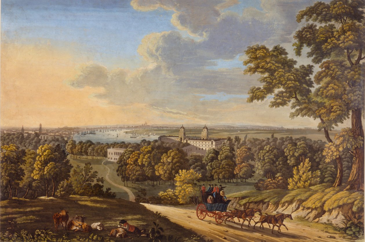 Flamstead Hill, Greenwich: Dostavník míří na jih c.181020 (wc na papíře) od English School