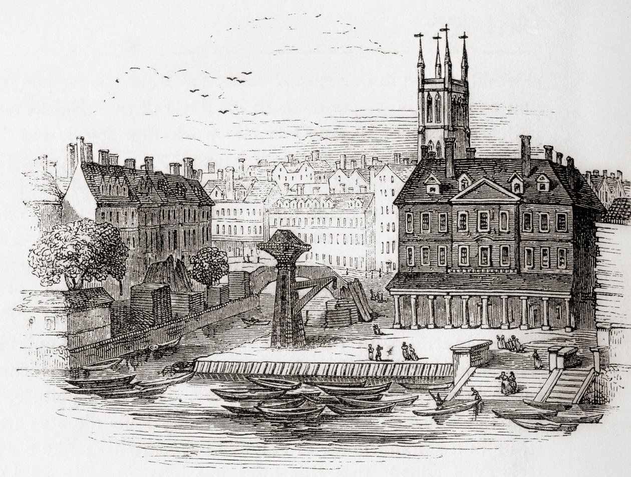 Fleet Ditch, Londýn, Anglie v roce 1749 v místě, kde se v Bridewellu vběhla do Temže, ze staré Anglie: A Pictorial Museum, pub. 1847 od English School