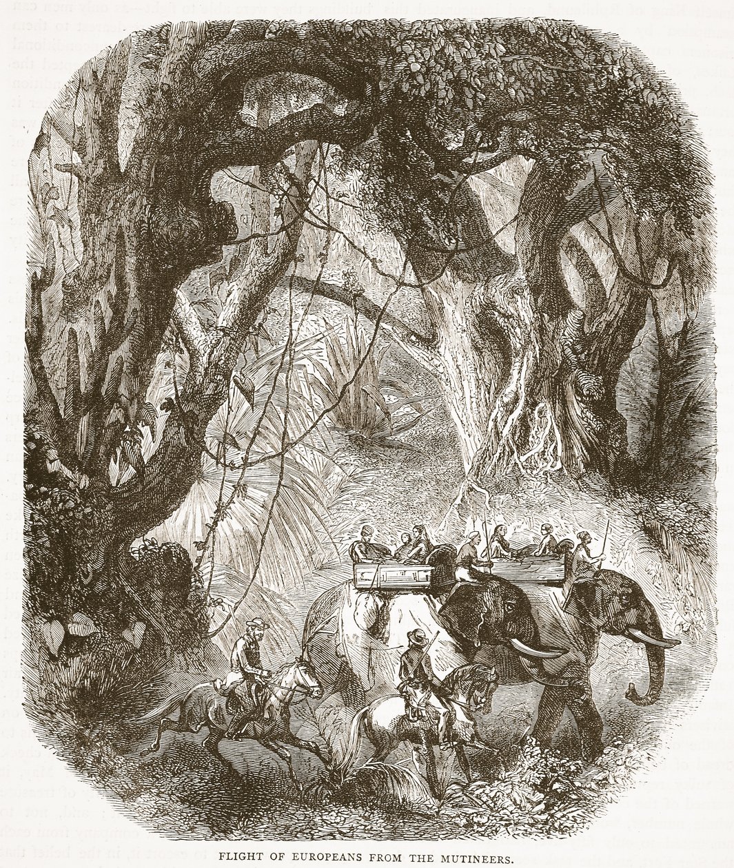 Útěk Evropanů před vzbouřenci, ilustrace z Cassells Illustrated History of England od English School