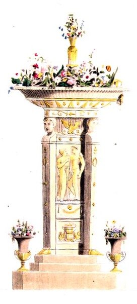 Stojan na květiny, deska 125 z Ackermannova „Repozitáře umění, literatury, obchodu, výroby, módy a politiky“, vydaného roku 1822 (barevně lito) od English School