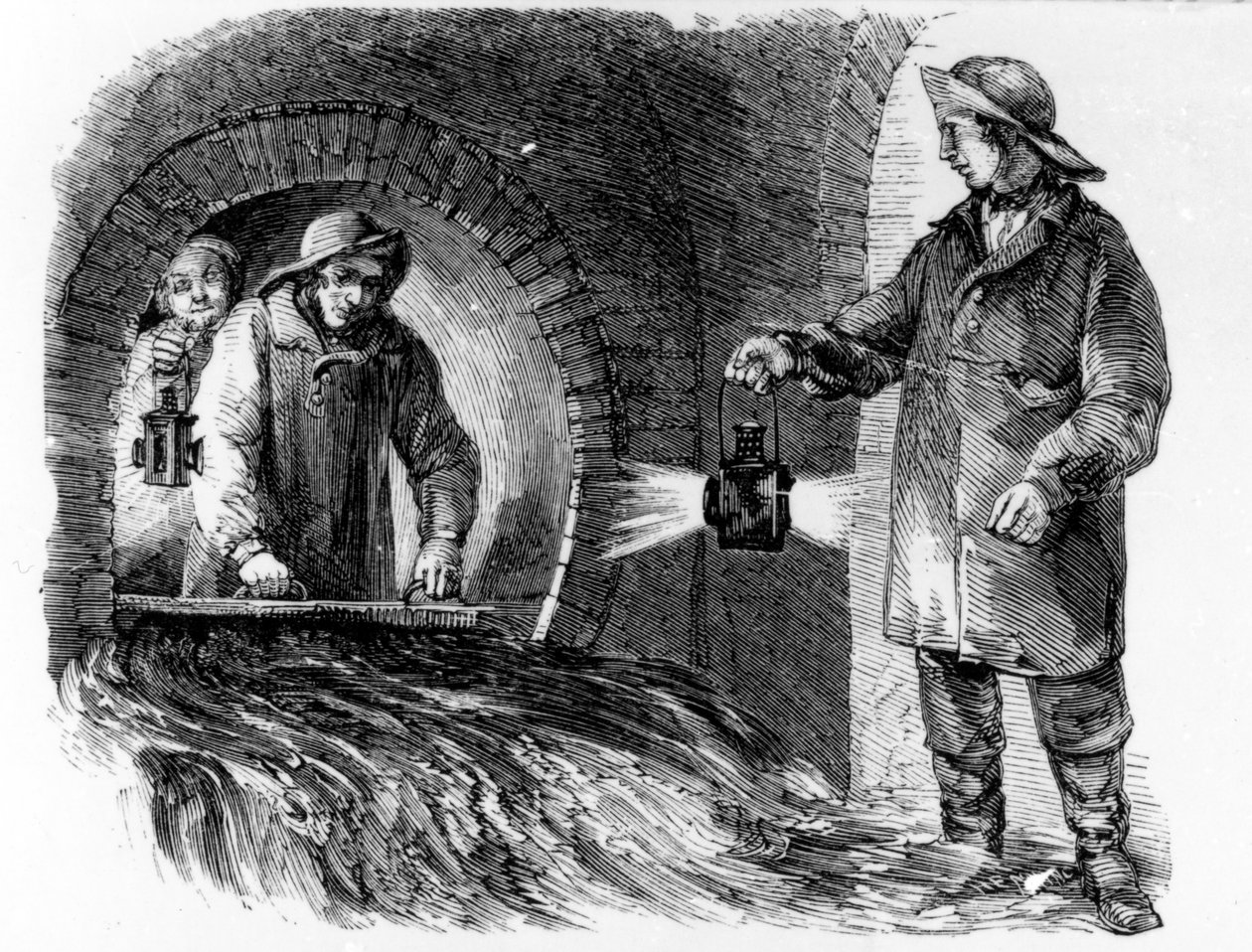 Flushing the Sewers, ilustrace z „London Labor and the London Poor“ od Henryho Mayhewa, kolem 40. let 19. století od English School
