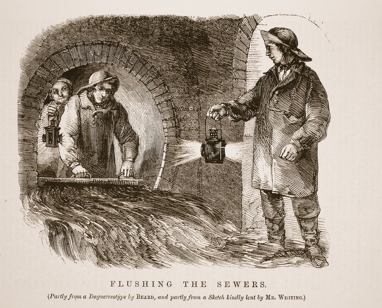 Splachování stok, částečně z daguerrotypie Richarda Bearda a částečně z náčrtu laskavě zapůjčeného panem Whitingem, ilustrace z London Labour and London Poor od Henryho Mayhewa, hospoda. 1862 (lit od English School