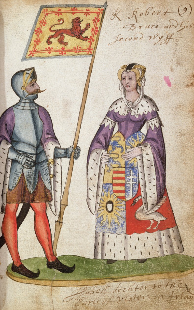 Fol.9 Robert the Bruce a jeho druhá manželka, Elizabeth de Burgh, ze Seton Armorial, 1591 od English School