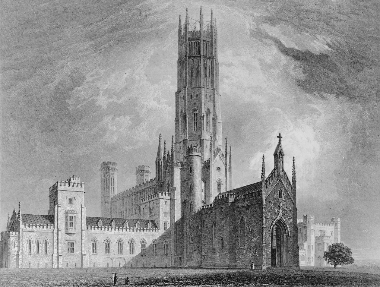 Fonthill Abbey od severozápadu, z grafických a literárních ilustrací Fonthill Abbey od Johna Brittona, 1823 od English School