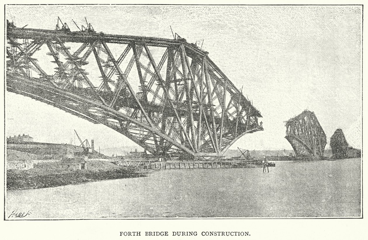 Most Forth Bridge během výstavby (rytina) od English School