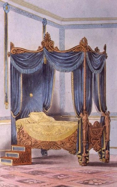 Postel s nebesy, deska 186 z Ackermannova „Repozitáře umění, literatury, obchodu, výroby, módy a politiky“, vydaného v roce 1828 (barevné lito) od English School