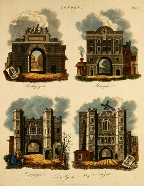 Čtyři městské brány: Bishopsgate, Moorgate, Cripplegate a Newgate, ryl J. Pass, hospoda. od G. Jonese od English School