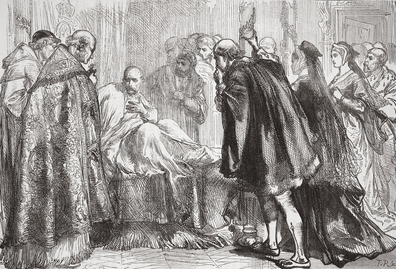 František I. na smrtelné posteli, ilustrace z Dějin protestantismu od Jamese Aitkena Wylie (1808-1890), hospoda. 1878 od English School