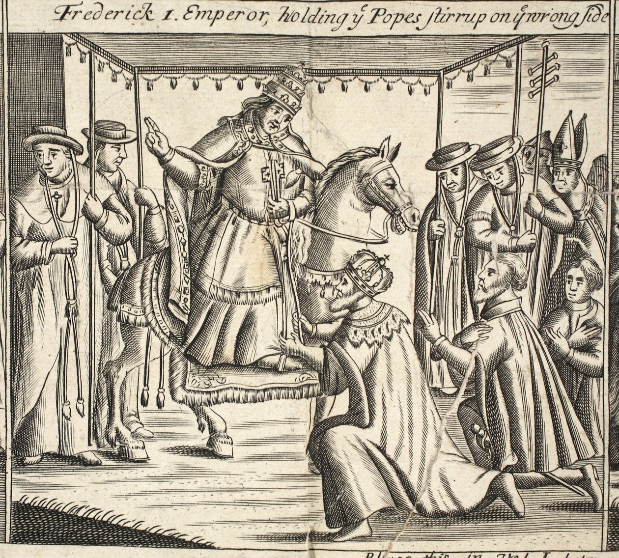 Frederick I., císař, držící papežův třmen na nesprávné straně, ilustrace ze Skutků a pomníků od Johna Foxe, deváté vydání, hospoda. 1684 od English School