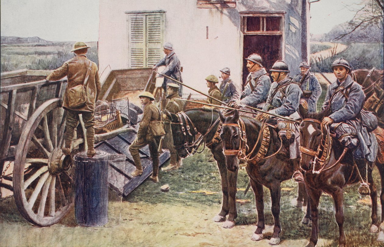 Francouzští kopiníci přijíždějící na pomoc britským jednotkám do vesnice, 1914-19 od English School