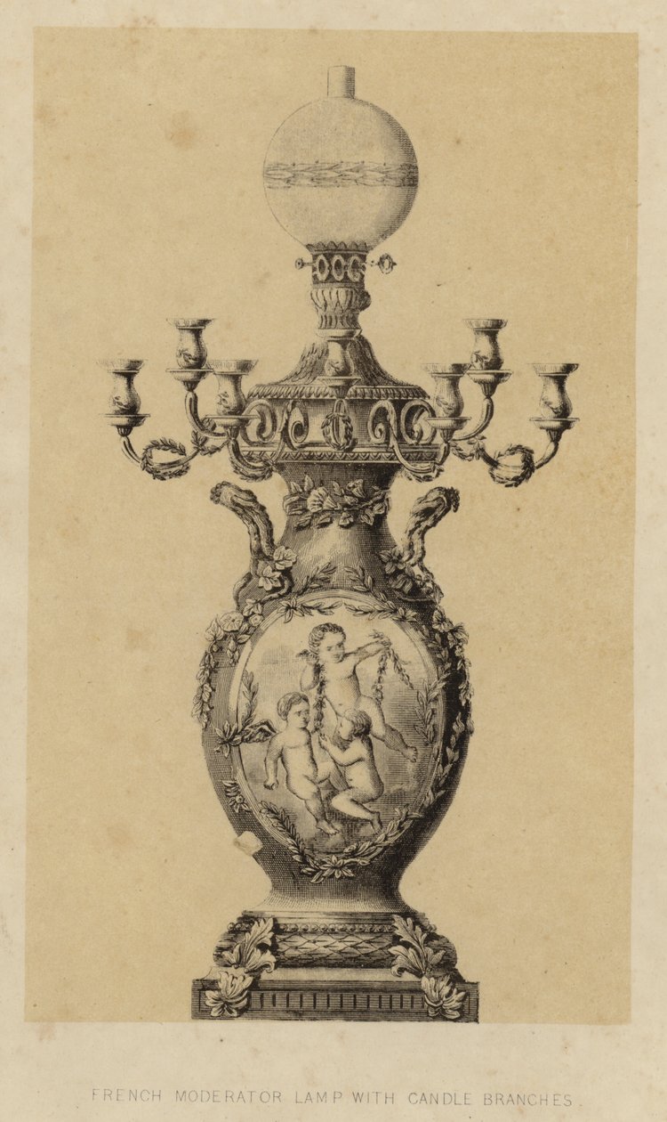 Francouzská moderátorská lampa s větvemi svíček (litografie) od English School