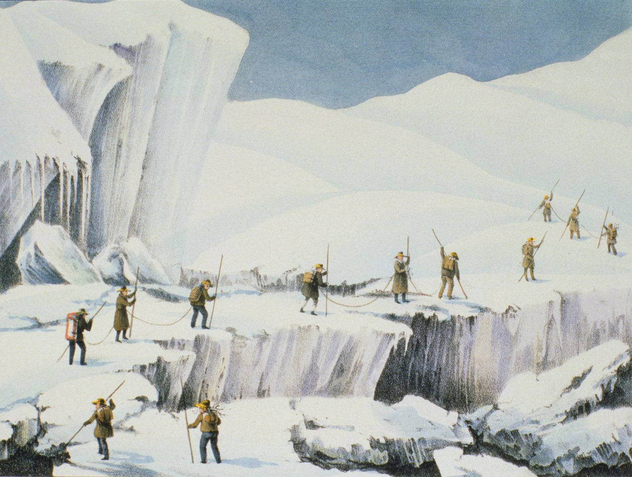 Časté objevování ledu se sněhovými mosty, od Vyprávění o výstupu na vrchol Mont Blanc od Charles Fellows (1799-1860), vydáno 1827 od English School