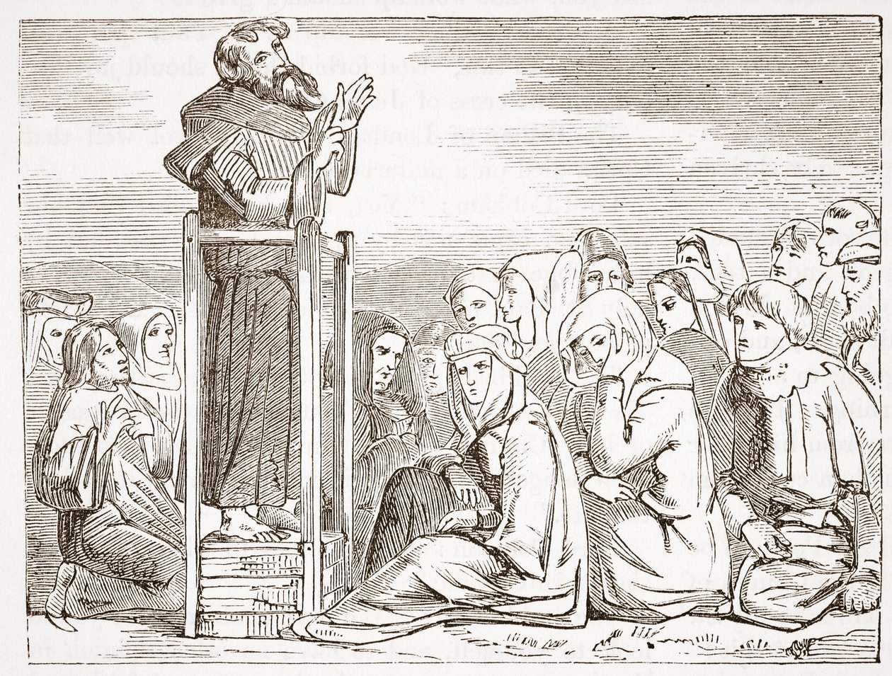 Mnich káže z pohyblivé kazatelny, ilustrace z Historie protestantismu od Jamese Aitkena Wylie (1808-1890), hospoda. 1878 od English School