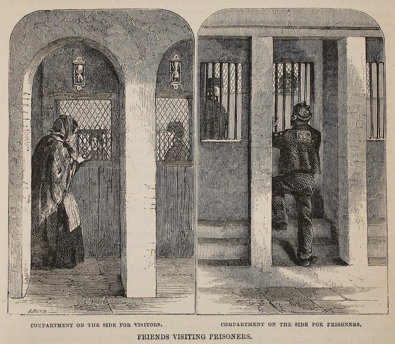 Přátelé navštěvující vězně, ilustrace z knihy The Criminal Prisons of London and Scenes from Prison Life od Henryho Mayhewa a Johna Binnyho, vyd. 1862 od English School