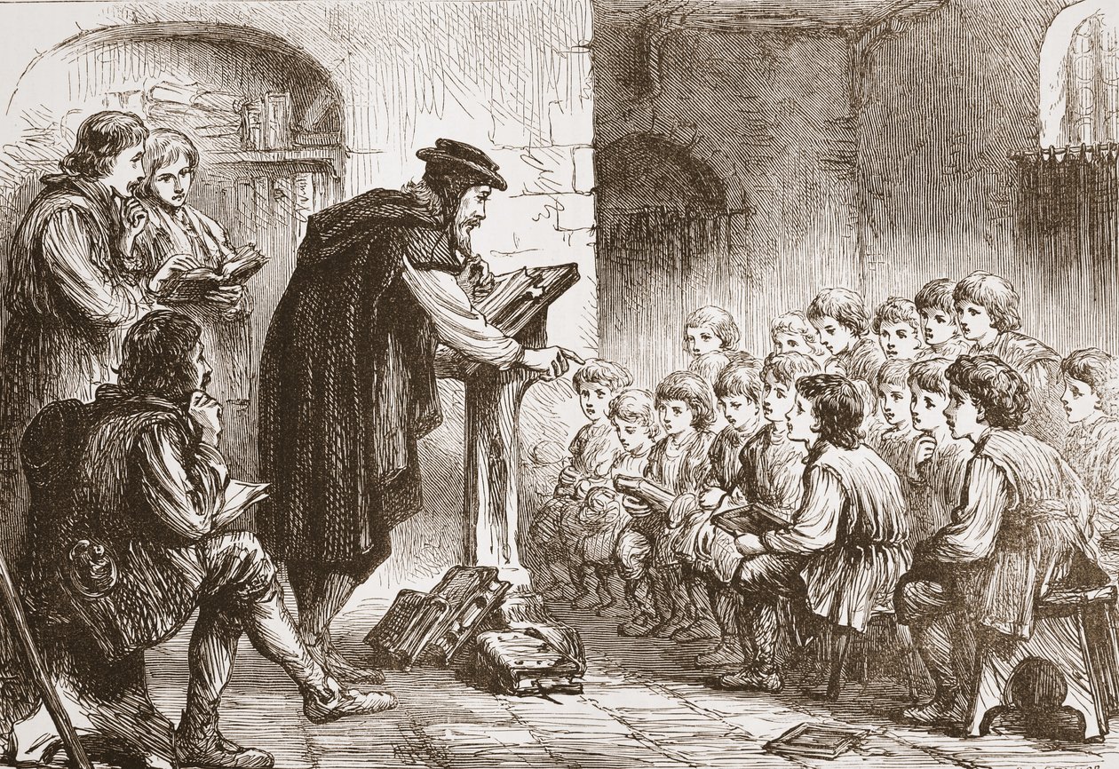 Froments school at the Molard, ilustrace z Historie protestantismu od Jamese Aitkena Wylie (1808-1890), hospoda. 1878 od English School