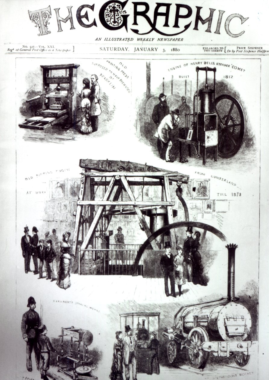Přední strana obálky grafiky zobrazující důležité vynálezy, 3. ledna 1880 od English School