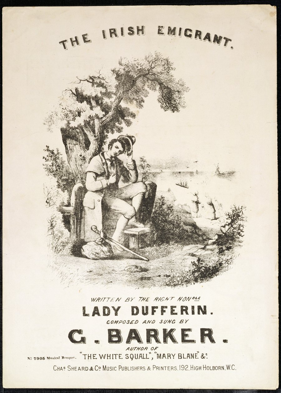 Obálka hudebního doprovodu k filmu The Irish Immigrant, jehož autorkou je lady Dufferinová a autorem G. Barker. od English School
