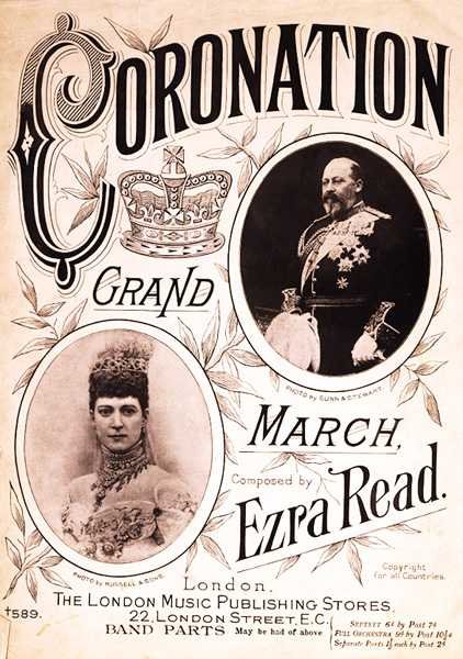 Přední strana partitury "Coronation Grand March", kterou složil Ezra Read (litografie) od English School