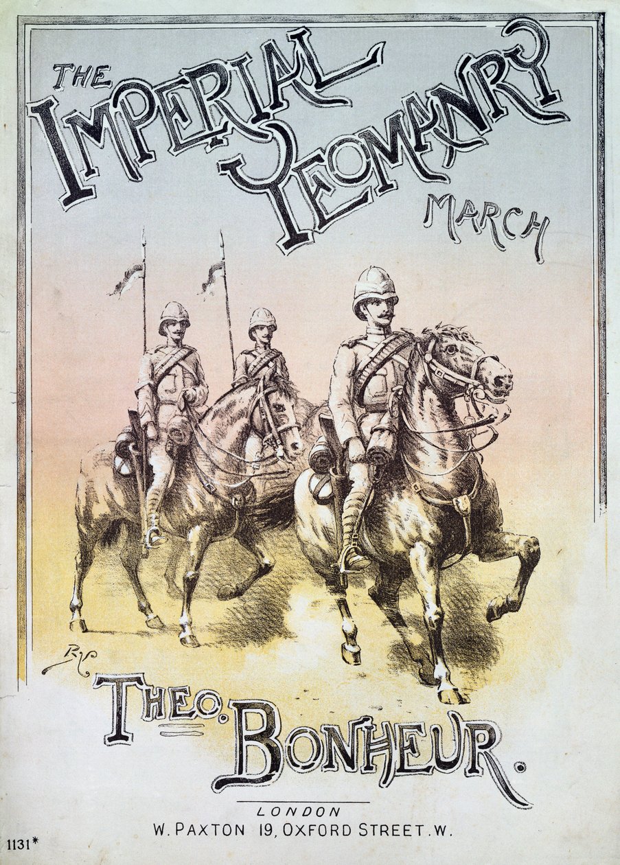 Přední strana obálky hudební partitury pro The Imperial Yeomanry March od Theona Bonheura od English School