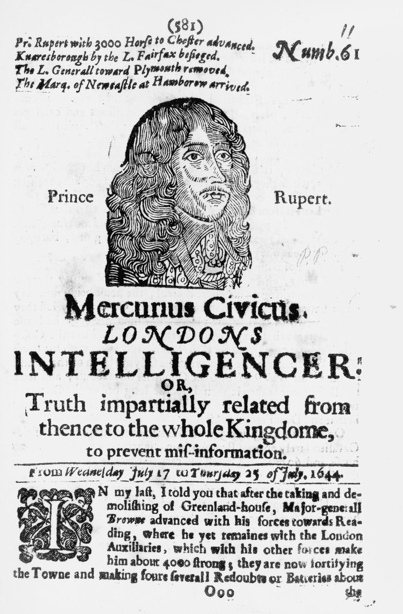 Přední strana z Mercurius Civicus, vydané v roce 1644 od English School