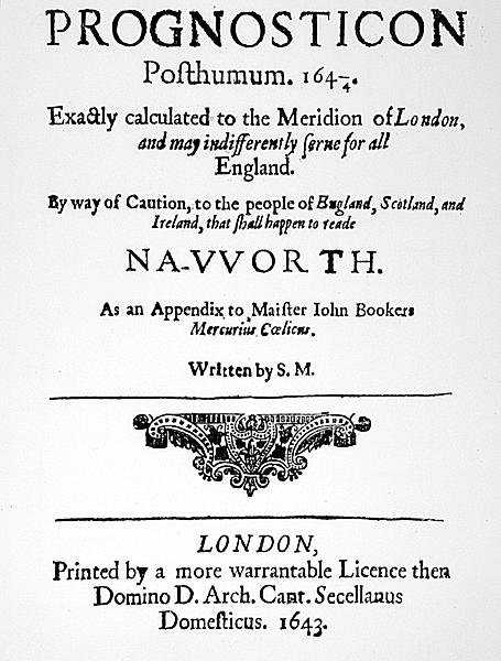 Titulní strana z knihy Prognosticon, vydané v roce 1643 od English School